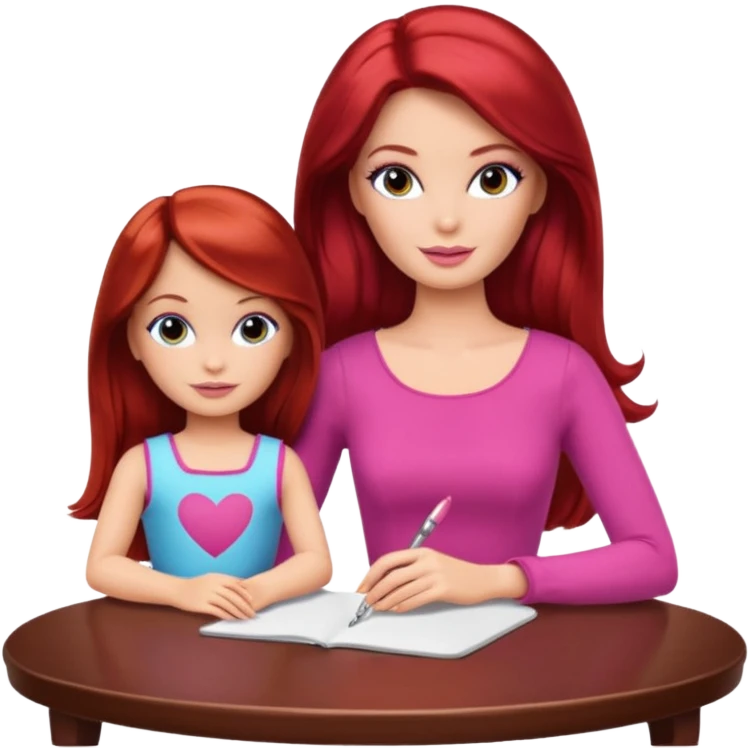 A Barbie girl with makeup, with long dark brown hair, with a child, a daughter with red hair, sitting at a table emoji