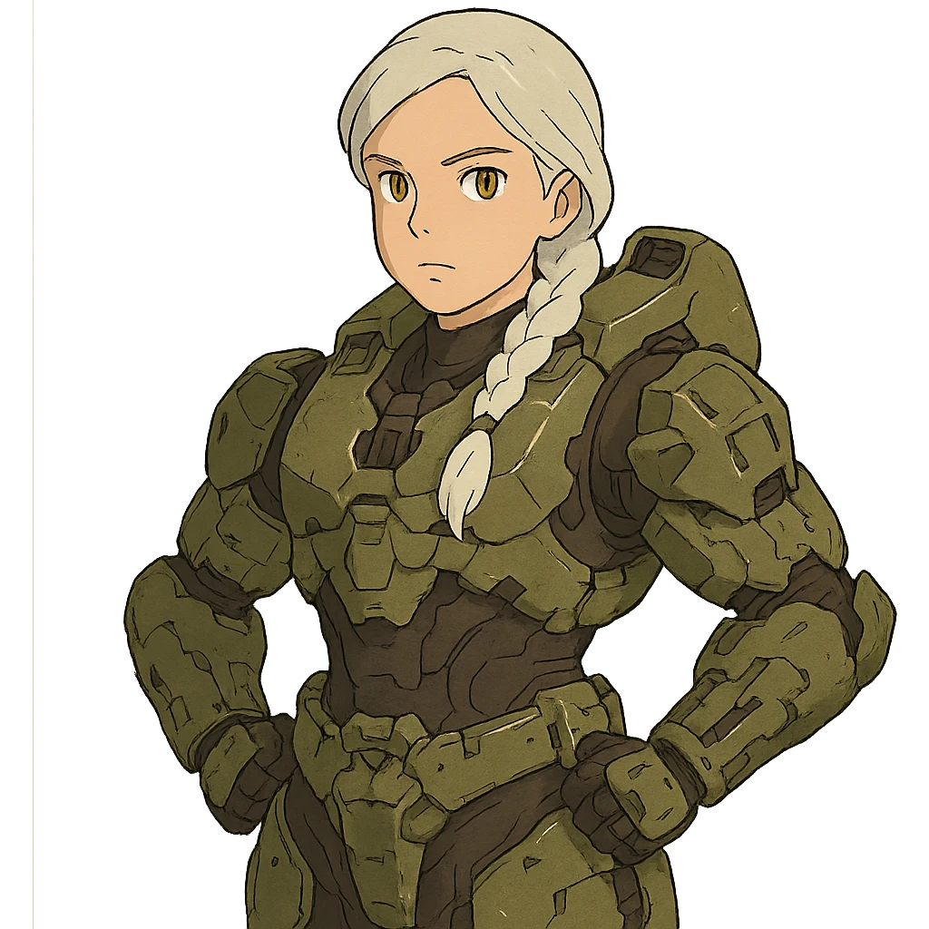 female, wearing reach spartan armor default, long white braid hair, gold yellow eyes, attention pose, halo series, no helmet emoji