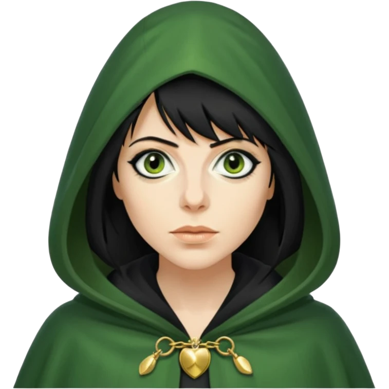 claudia winkleman as a traitor with a green hooded cloak with a gold clasp and dark strong black eyeliner emoji