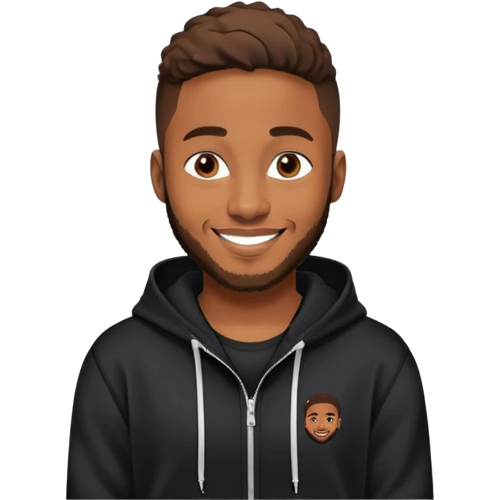 African yound man in his late 20s with a  bright smile with a short boxed beard, and a low cut hair, looking like davido the musician black hoody emoji