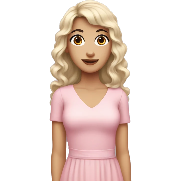 White woman with long black curly hair and bangs and dark brown eyes, wearing a pastel pink dress emoji
