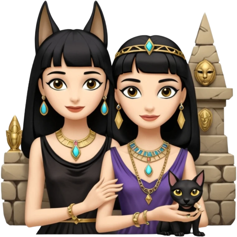 Smiling Witchy-mannered smoky-evil-eyed real Audrey Hepburn cleopatra Protecting silky black-haired tiny chained-princess-adorned statuette-scale Anubis dessert scenery stone-age cracked irregular dwelling  emoji