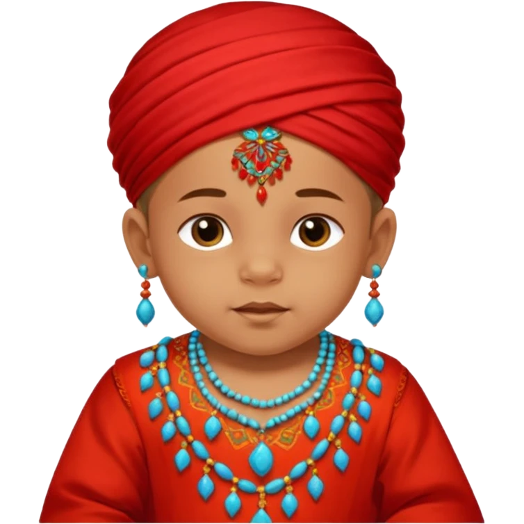  baby boy dressed in colorful ghalibiya with delicate decorations with a red Moracain tarbush  emoji