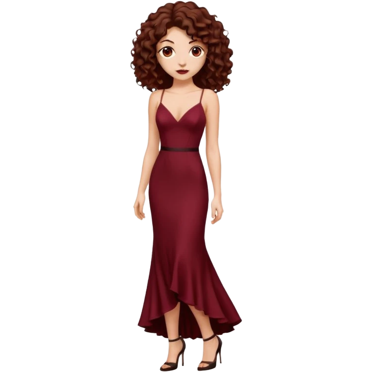 Chica blanca ,ojos marrones, vestido granate muy largo sexy , tirantes cuerpo entero pelo rizado  zapatos negros tacon emoji