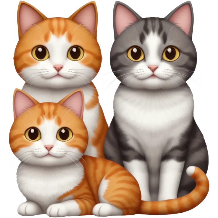 3 different coloured short haired cats including; a dark brown tabby and white cat, and a dark grey and white and a ginger and white emoji