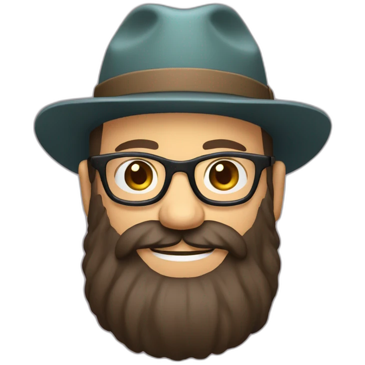 happy smile gardener face long dark beard and bald dark hair round glasses brown eyes and a hat emoji