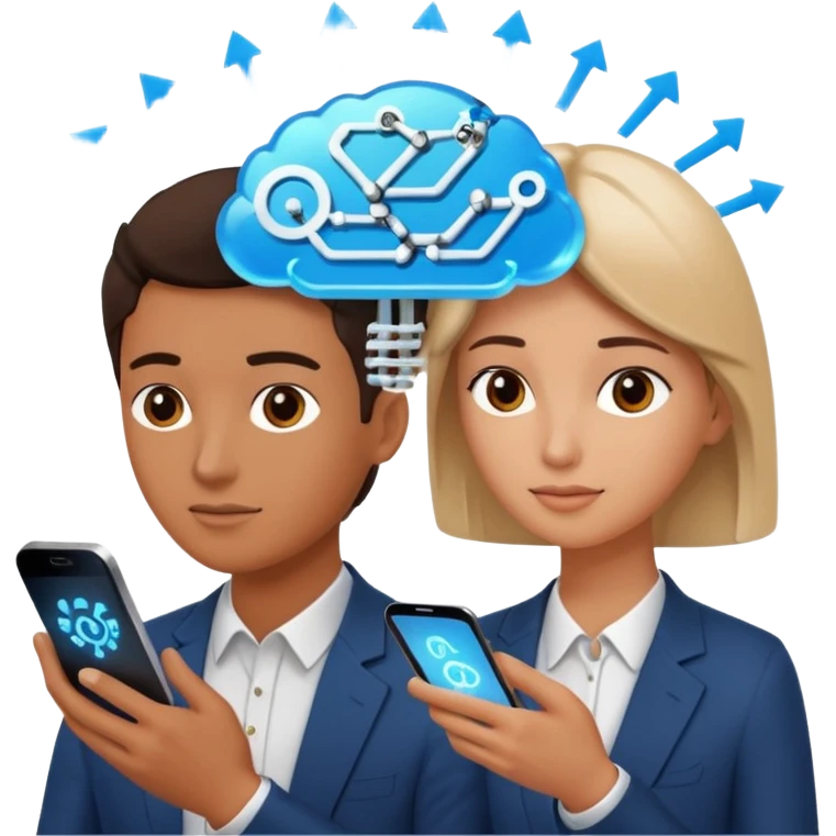 Generate a realistic emoji of a two people using a phone which shows artificial intelligence. Out of the phone is coming 3d ideas and electric symbols and a lot of small ideas popping up emoji