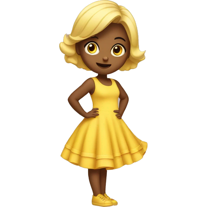 Girl in yellow dress doing a sassy pose with a little baby behind her on the bottom left emoji