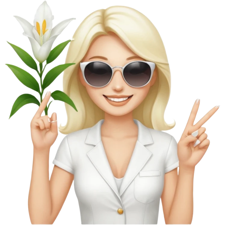 Professional sexy woman smiling holding lilies posing in shades  and flashing peace sign fingers emoji