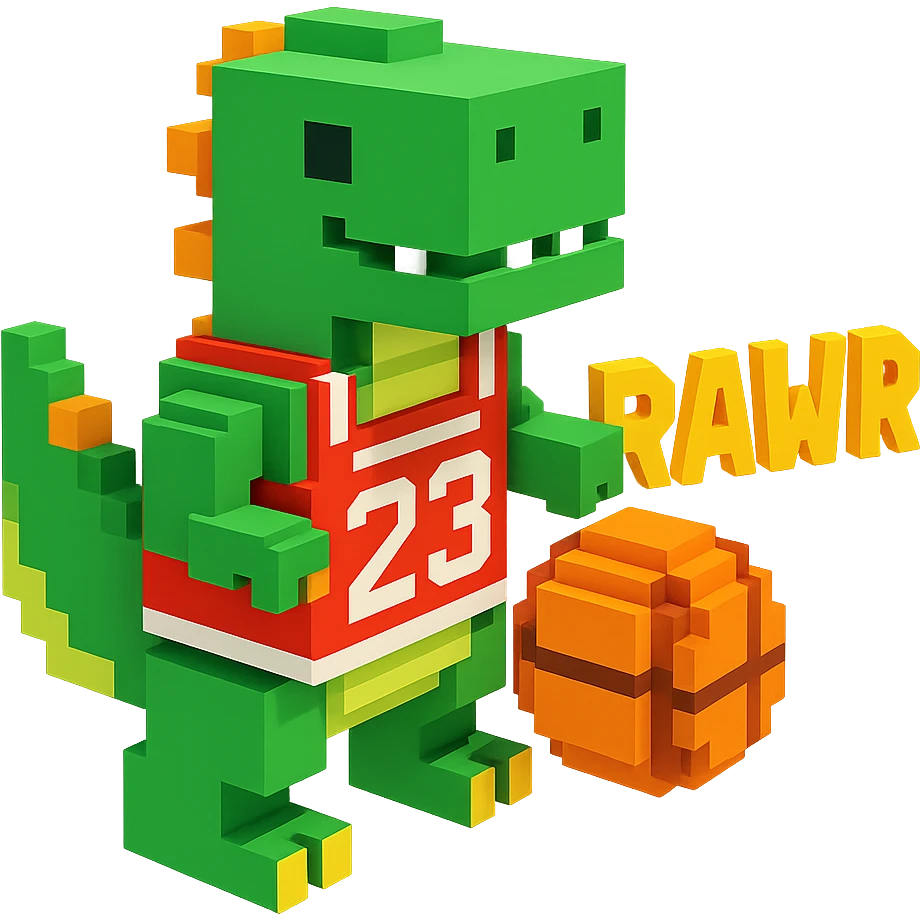 надпись "RAWR" и динозавр с баскетбольном мячом в майке с надписью "23", no background  emoji