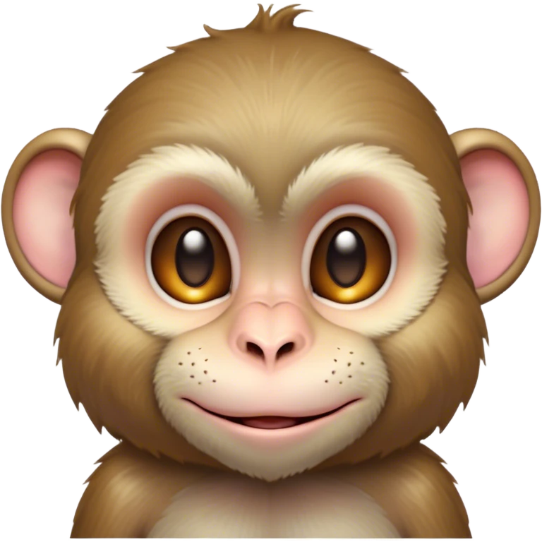 Cinematic Cute Macaque Portrait Emoji, Head tilted playfully and inquisitively, with a charmingly mischievous face accented by soft, fuzzy fur and round, sparkling eyes filled with curiosity, Simplified yet irresistibly adorable features, highly detailed, glowing with a warm, friendly glow, high shine, affectionate and lively, stylized with a touch of primate whimsy, bright and endearing, soft glowing outline, capturing the essence of a playful macaque that seems as if it could jump out of the screen into your arms! emoji