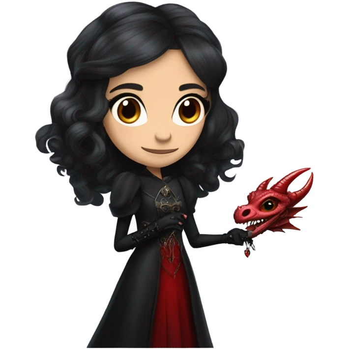surprised Lavish black evening gown with see-through gloves, Jenna Ortega as Addams girl Jedi wearing a steampunk mini tiara, very large blood red evil-looking horned dragon emoji