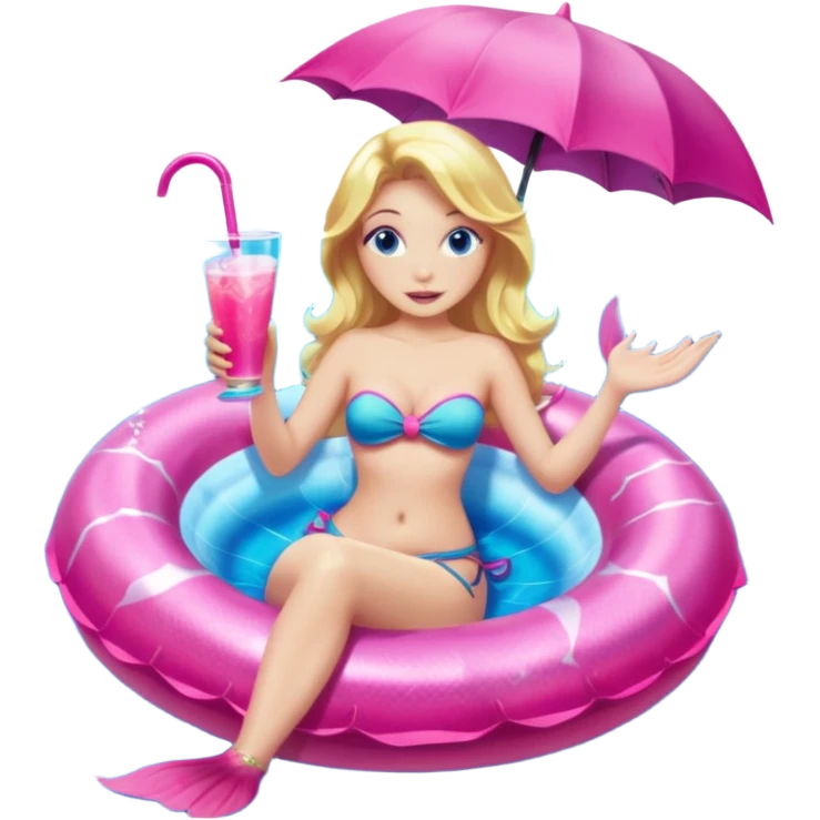 woman who is a mermaid with blonde hair and blue eyes sitting in a pink pool tube in a blue pool sipping a drink wearing a pink bikini top and a pink mermaid tail  emoji