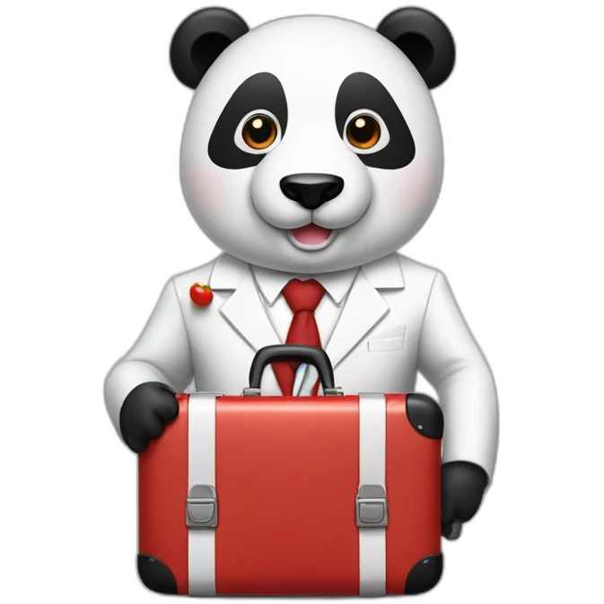 A man with white suit and red tie and a panda face eating a hotdog and holding a black suitcase emoji