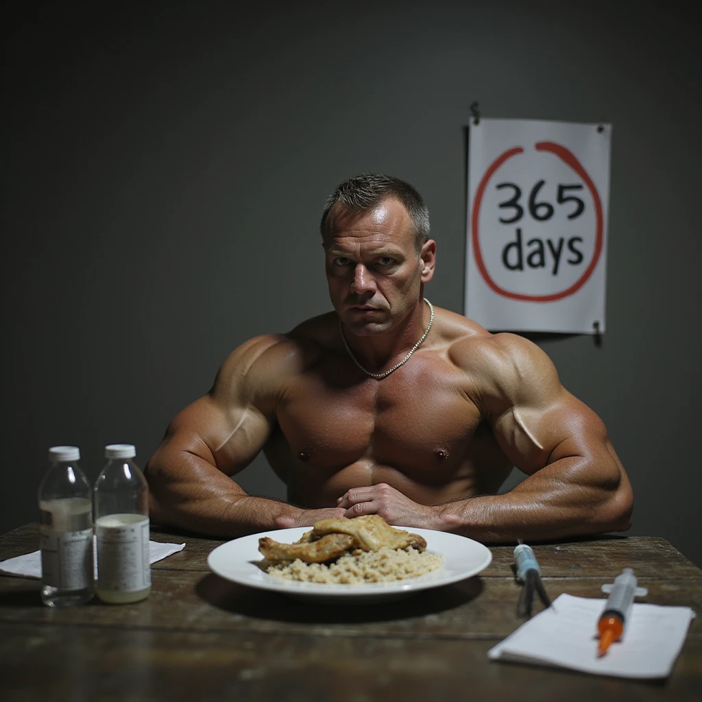 realistic bodybuilder sitting alone at table with plate of rice and chicken, syringe and bottles nearby, serious look, calendar with '365 days' circled in red, atmosphere of discipline and solitude emoji