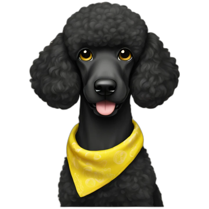 A black standard poodle with a yellow bandana emoji