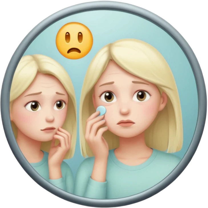thoughtful tired woman looking in the mirror, gentle pastel tones, soft lighting, emoji style, symbolizes fatigue not ageing без кружка  emoji