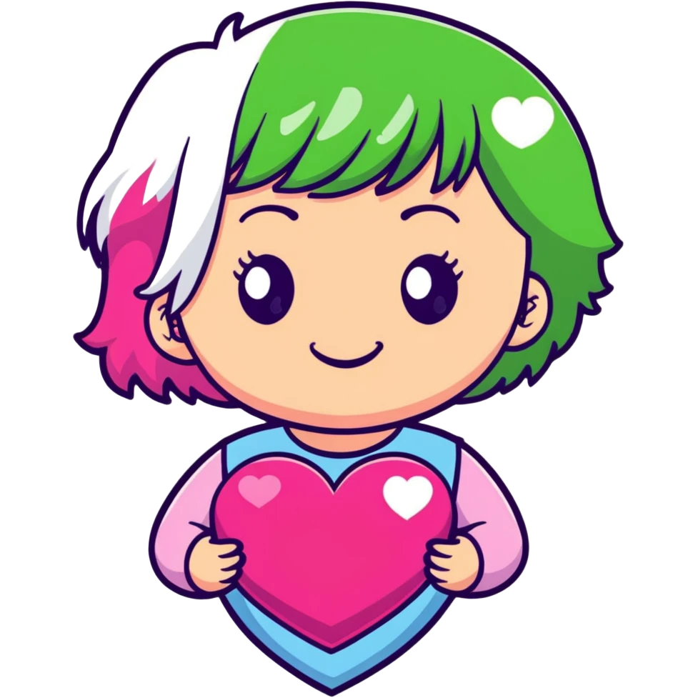 girl with pink and white hair, green eyes, smiling, holding a heart, sticker style emoji