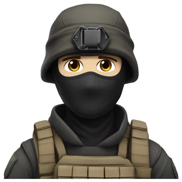 White male, call of duty black mask, camo tactical gear, tan combat boots, black beanie, blue eyes emoji