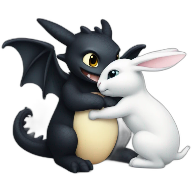Toothless the dragon hugging a white bunny emoji