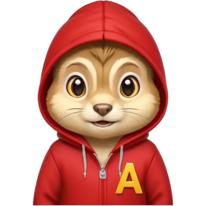 Portrait of a cartoon chipmunk with light brown and beige fur, wearing a red hoodie no zip with a yellow 'A' on it, big round eyes, small nose, and a mischievous grin, front-facing, stylized in animated movie style emoji