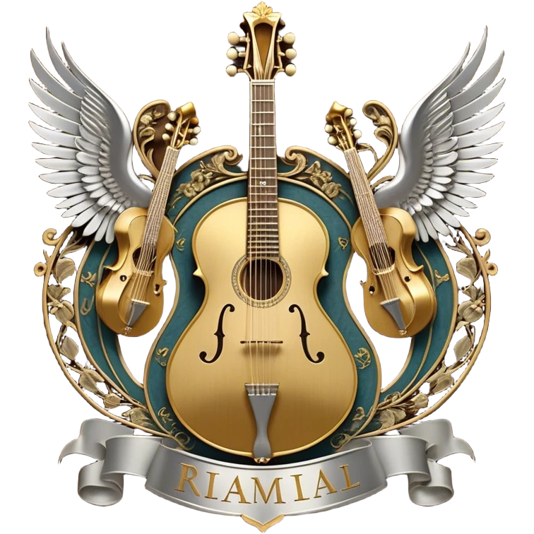 Create a complex, ceremonial, and professional emoji resembling a coat of arms, symbolizing plucked string instruments. The design should feature a combination of elements such as the necks and fretboards of various plucked string instruments like guitars, harps, and mandolins. The strings should be clearly visible, and the frets should be detailed. Intertwining with the instruments, there should be a flowing ribbon of musical notes, curving elegantly around the instruments and connecting them. The colors should include golden metallic tones, warm wood finishes, and silver accents to emphasize the professional and festive nature of the design. The background should be regal, using subtle textures or patterns to give a sense of grandeur, while keeping the instruments and notes as the focal point. The design should evoke a sense of celebration and sophistication, reflecting the rich tradition of plucked string instruments. emoji