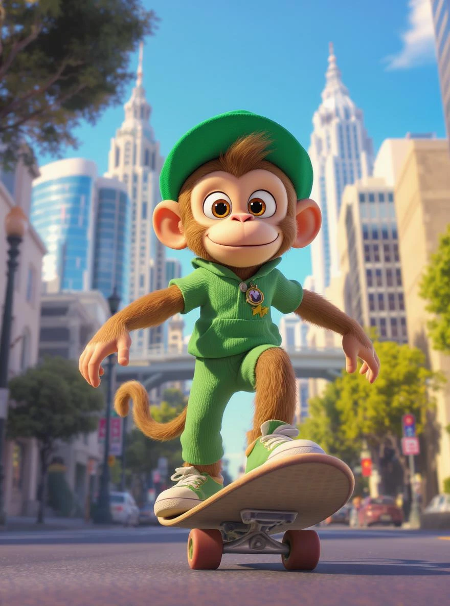 Disney style, Cinematic still scane, Low angle medium shot, monkey dress in green outfit, monkey ride on skateboard, san francisno downtown with city lanscape, blue clean sky, captured by ARRI Alexa XT, soft cinematic lightning, inspired by ToyStory 4 emoji