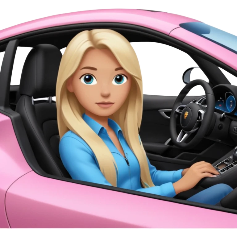 pink Porsche taycan with blonde girl, long hair, blue eyes, sitting in the car, girl in the driver seat, front view point of view, no sunglasses emoji