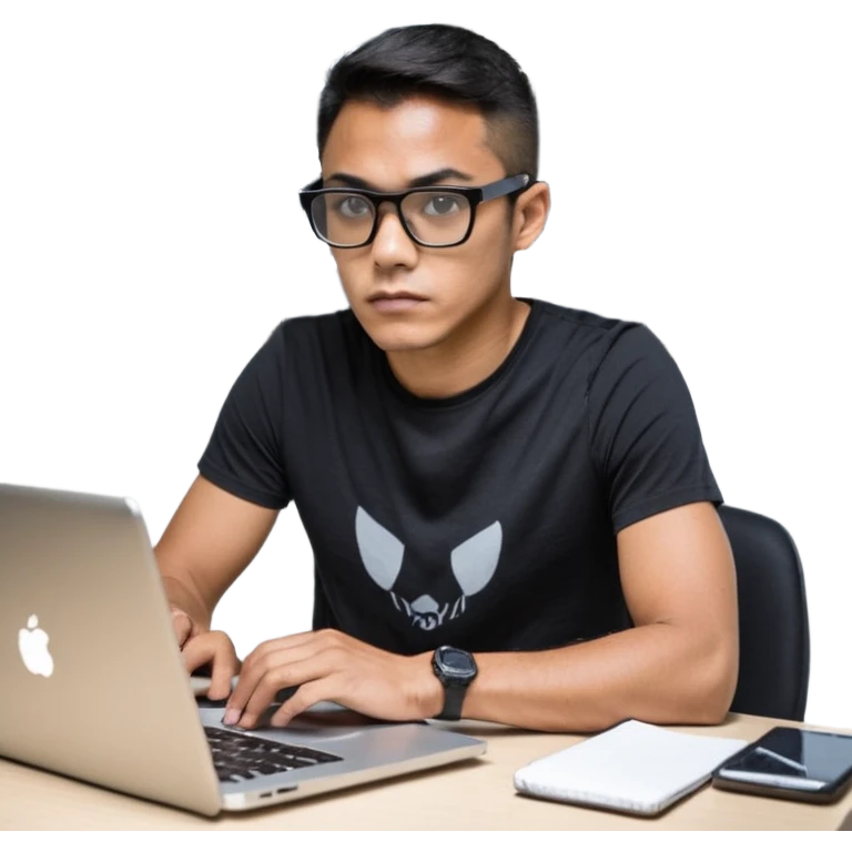 Un homme développeur de teint noir, assis à un bureau moderne avec un ordinateur portable allumé devant lui, écran affichant du code en exécution. Il porte une tenue casual (t-shirt sombre ou chemise simple), lunettes élégantes optionnelles. Expression concentrée, lumière douce venant de l’écran.  emoji