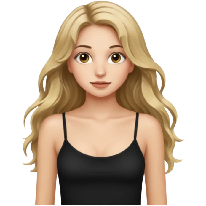 make an emoji girl with long dirty blond hair and hazel eyes. wearing a cute black spaghetti strap tank top tank top and her hair is down and slightly wavy. she also has really long eyelashes  emoji