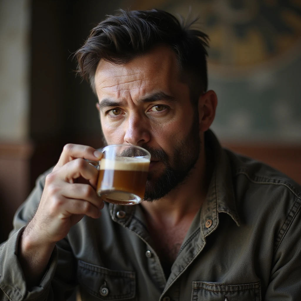 realistic style portrait of an Argentinian man with dark hair drinking mate emoji