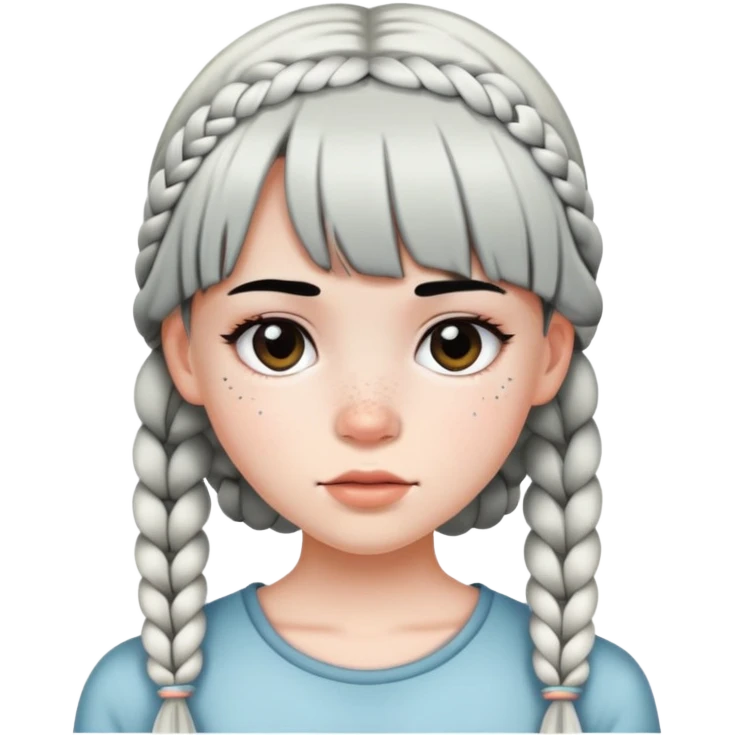 Girl with white skin and Black straight hair with braids and bangs with freckles on her face emoji