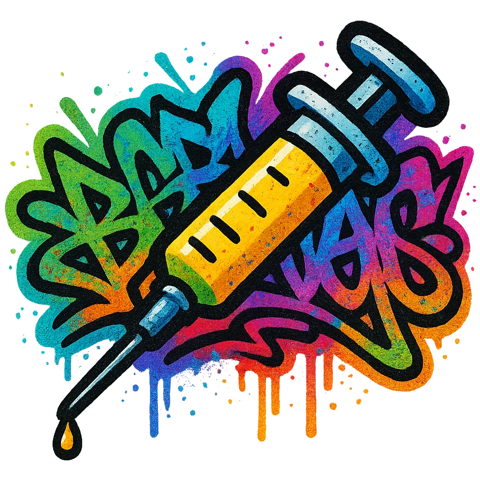 graffiti style emoji of a syringe with a graffiti tag background emoji
