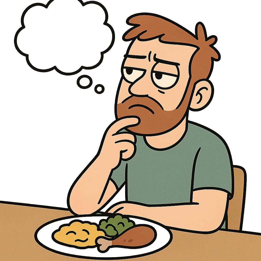 cartoon person with a food plate, hand on chin, pondering whether to eat, visible thought bubble emoji