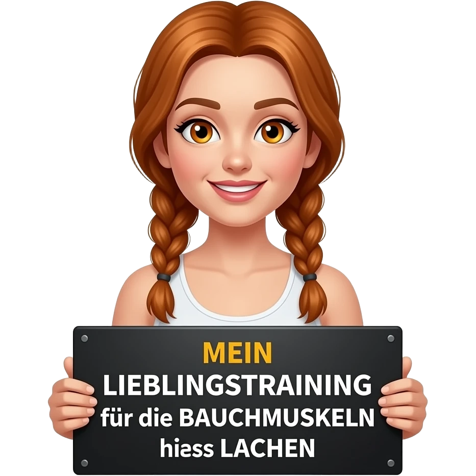 sexy girl with long ginger braids and ginger eyes wearing a white tanktop is holding a black sign with MEIN LIEBLINGSTRAINING für die BAUCHMUSKELN heißt LACHEN written on it emoji