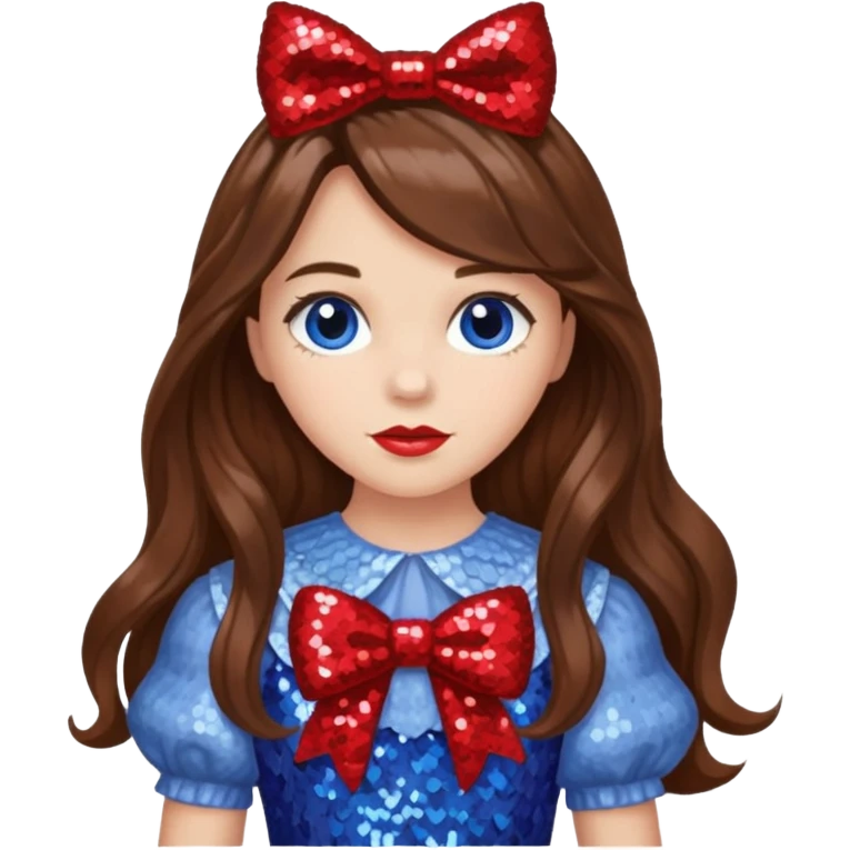 Dorothy Gale from the Wizard of Oz with long brown hair, periwinkle sequin outfit, red sequin bow emoji