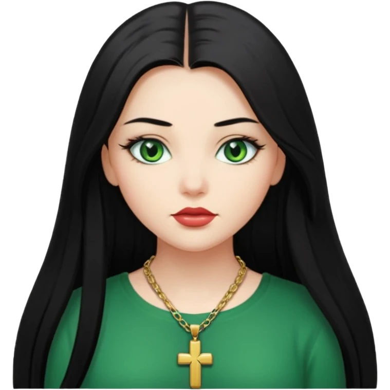 Girl, long black straight hair, green eyes, plump lips, cross necklace  emoji