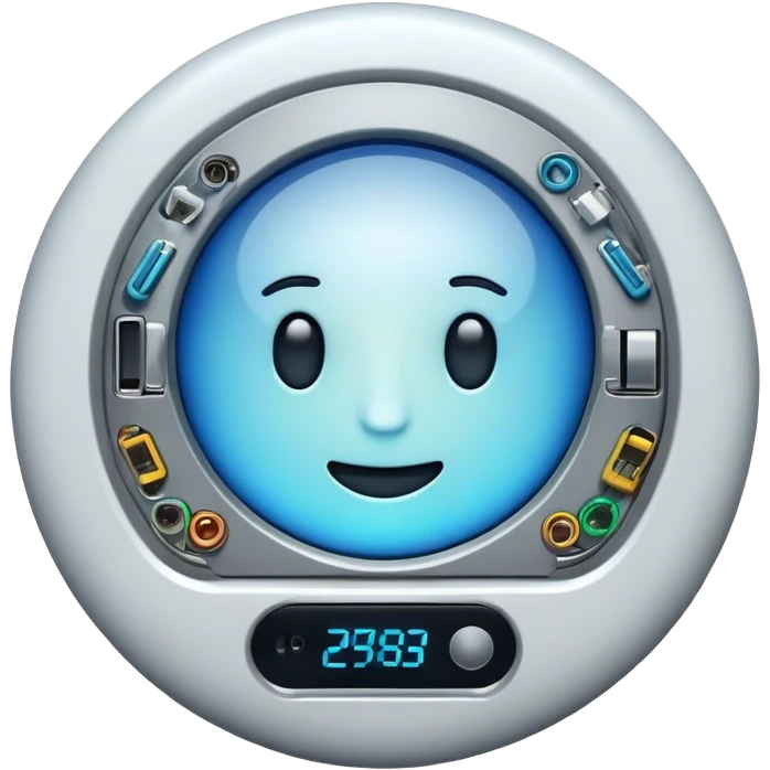An emoji representing electronics: a round face with stylized details of electronic devices. On its surface or around it, there should be elements such as a smartphone, laptop, refrigerator, TV, wires, and microchips. The style should be modern, with a technological neon or metallic tint. emoji