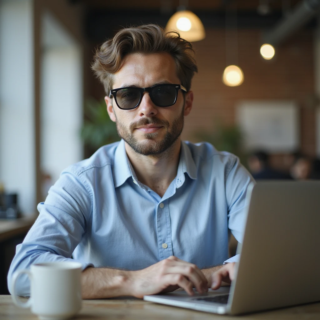 a guy wearing a cool sunglasses working on laptop, office , team emoji