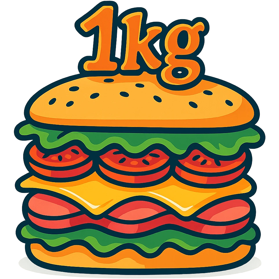 big cartoon sandwich with '1kg' in a playful, whimsical font on top emoji