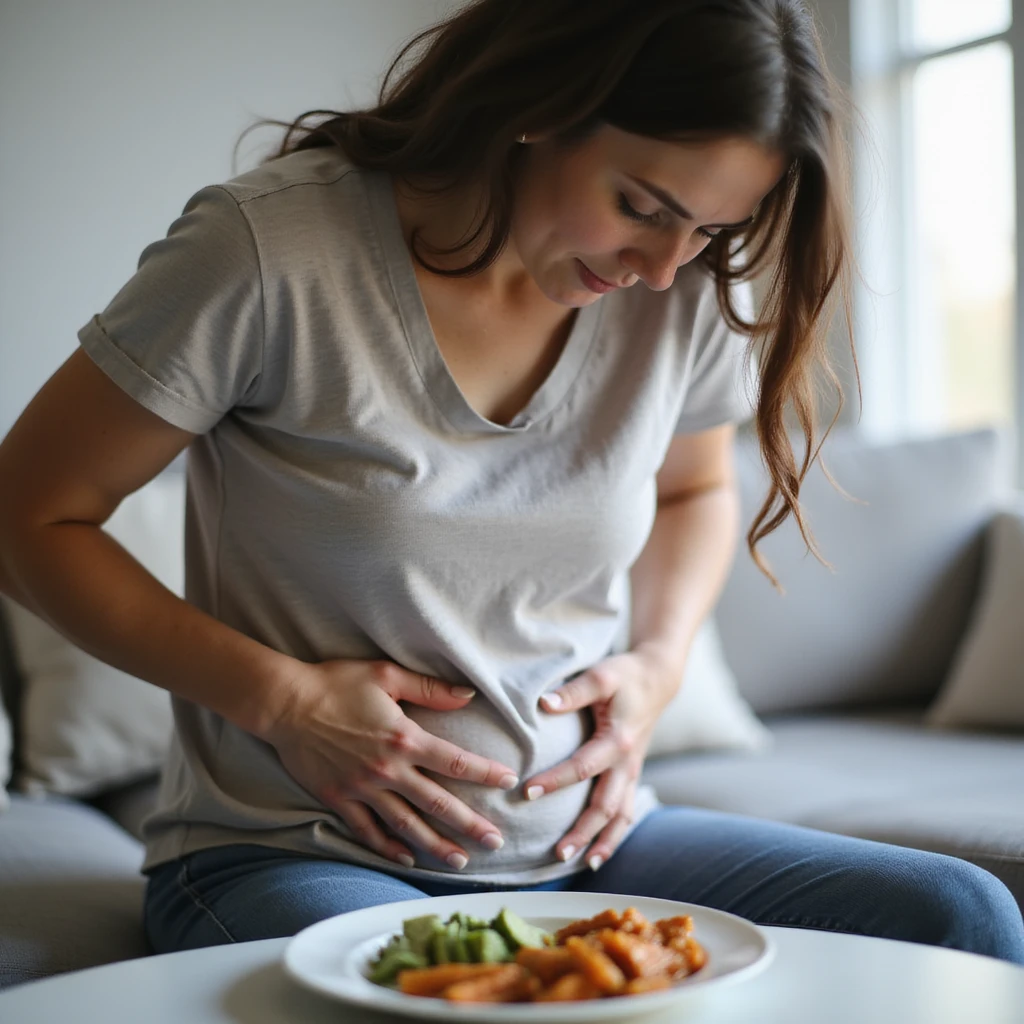 adult woman, photorealistic, dieting for intestinal problems, sitting with curved posture, hands pressing on abdomen, light food plate in front, natural light, kitchen background emoji