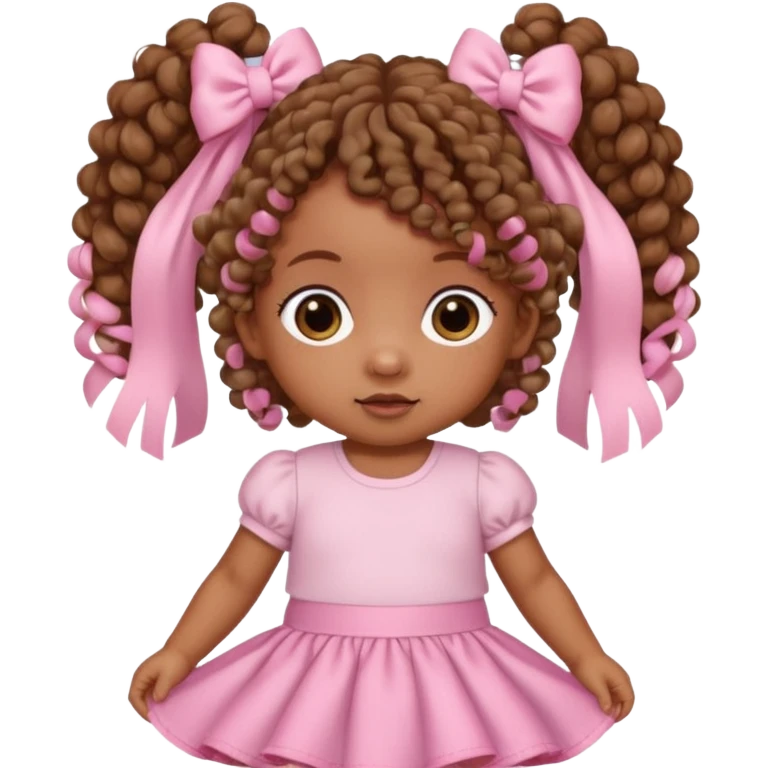 a brown skin baby with curly hair and a baby pink skirt and baby pink bows with her hair in pigtails emoji