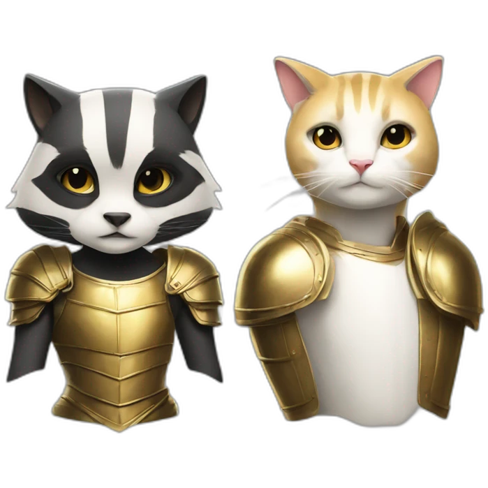 a badger, and a white female cat with a golden armour emoji
