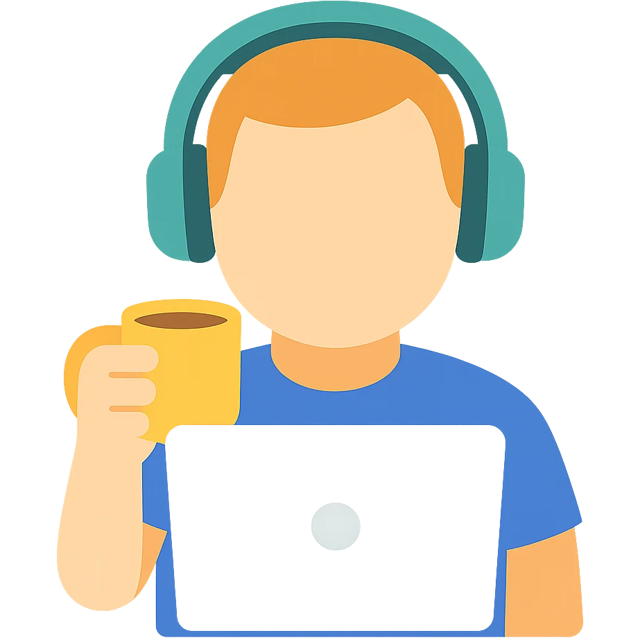 emoji ios 18, guy in headphones at computer, drinking coffee emoji