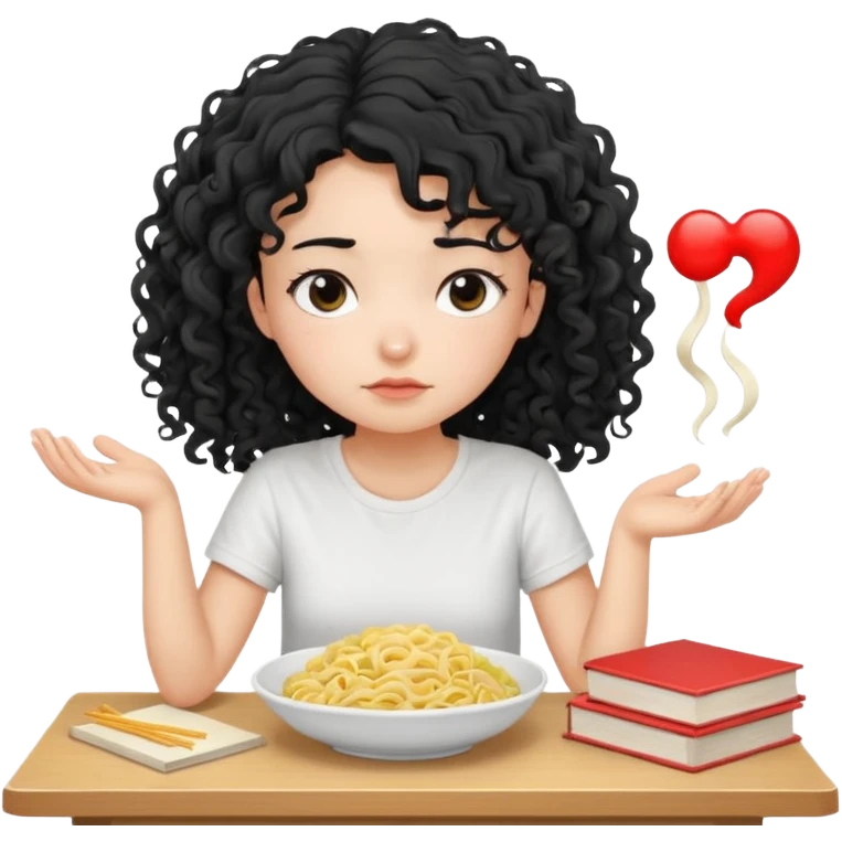 generate a pretty bratz fair skinned girl with curly black hair wearing a white tshirt sitting on a table with noodles and books. looking sleepy and tired emoji