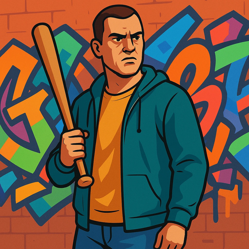 GTA5 style character, casual clothes, holding a baseball bat, graffiti wall background, vibrant toon style emoji