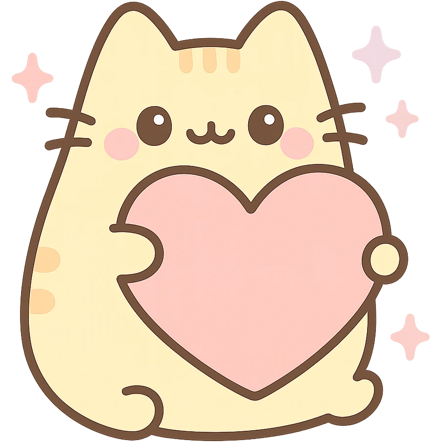 Add sparkles around Pusheen and the big heart, keep pastel yellow and peach, sweet and adorable, kawaii style, with no background emoji