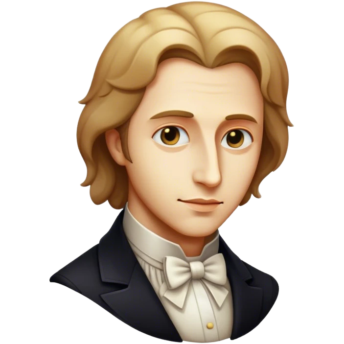 Cinematic Realistic Chopin Pop Culture Emoji, featuring an evocative portrayal of the legendary composer rendered with delicate textures and emotive, dynamic lighting. emoji
