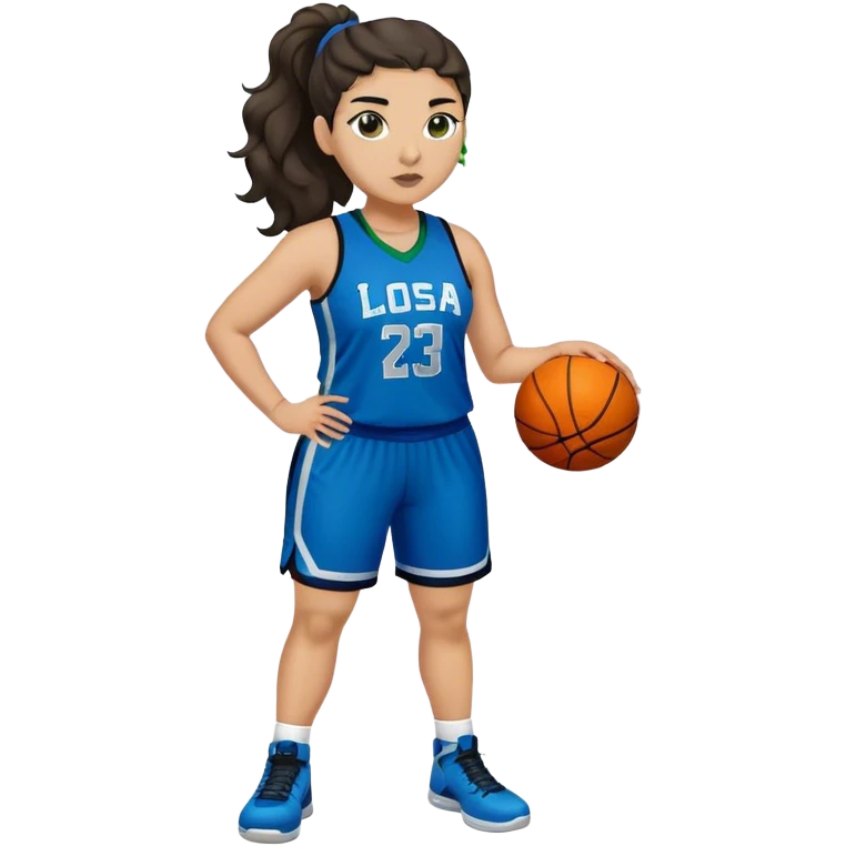 full body plus size light skin latino women basketball player with wavy dark hair in pony tail wide nose wearing blue uniform with green accent emoji
