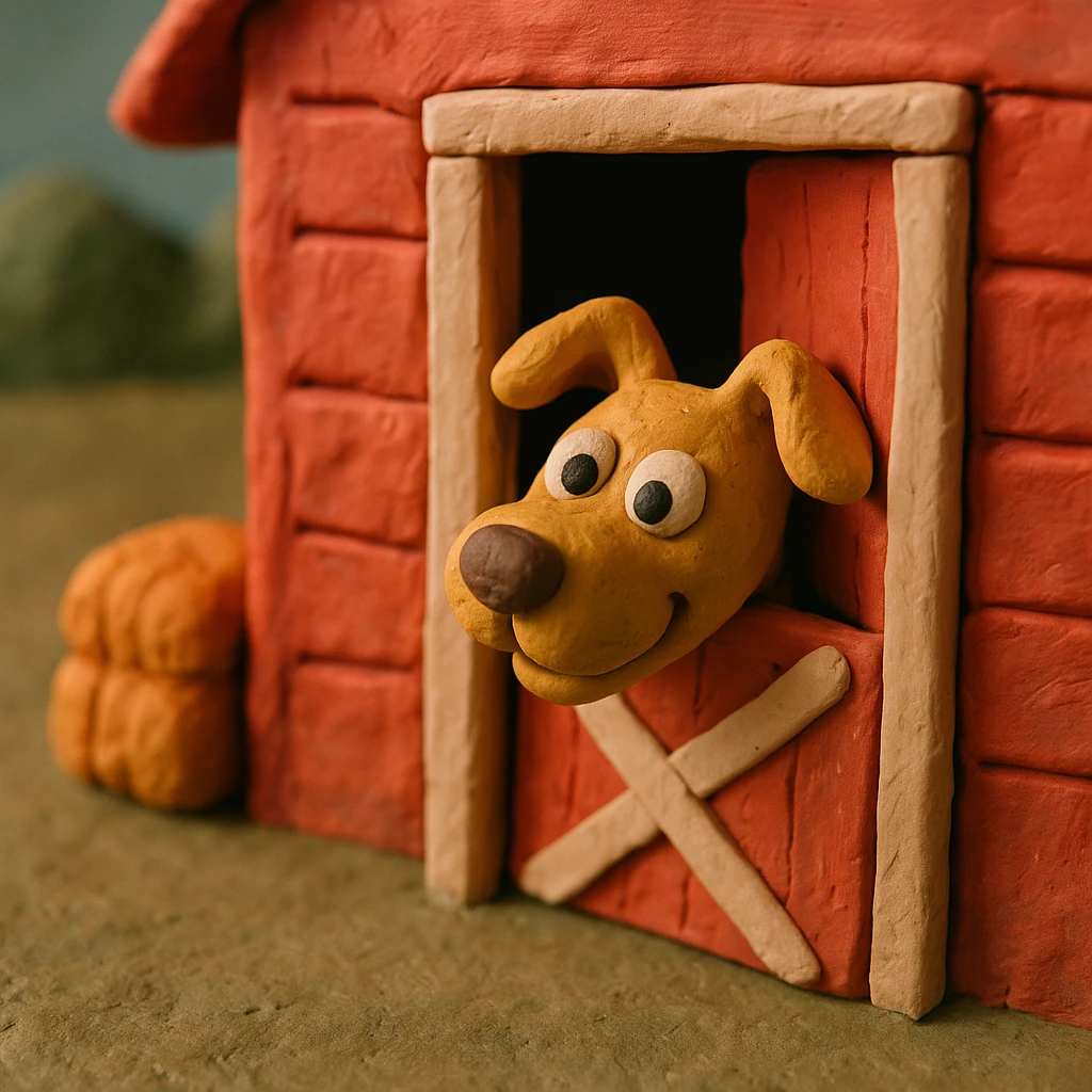 dog peeking out of a barn door, playful and cute, hand-molded details, claymation style emoji
